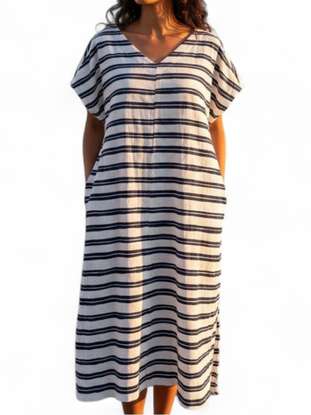 Lands' End Navy and White Striped V-Neck Costal Preppy Pocket Dress